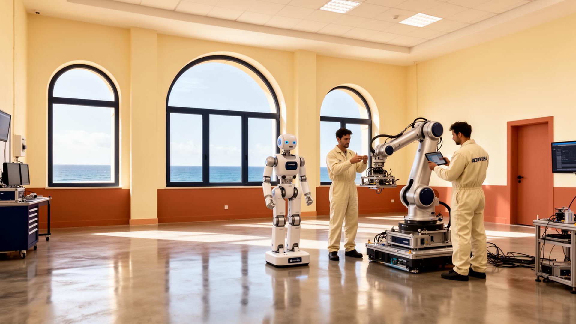 Mediterranean Robots commissioning hall in Malta with humanoid robot and engineers